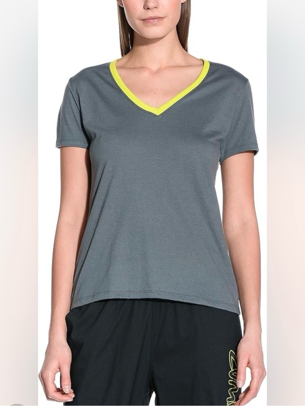 Zumba Fitness Gray V-Neck Tee with Neon Yellow Trim